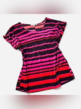 Vintage Suzie Striped Pink, Black, & Red Short Sleeve Women’s Top, Size XL